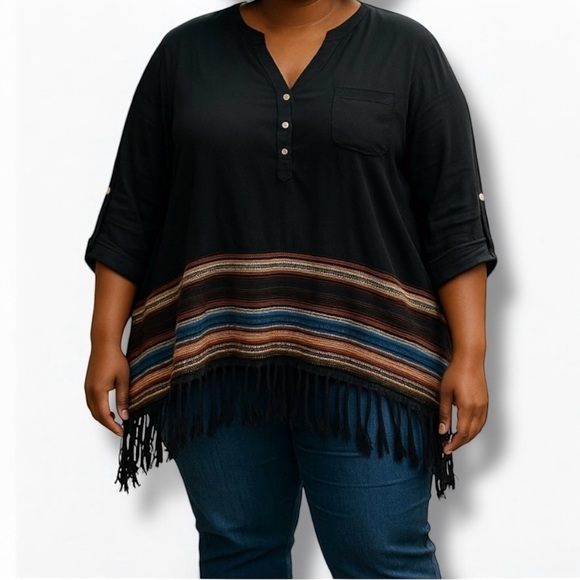 Karen Kane Black Aztec Striped Fringe Boho Button Shirt Size Large - Picture 1 of 3